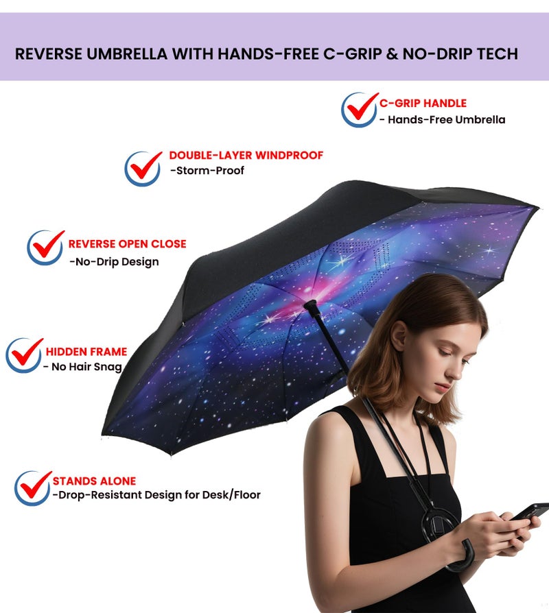 SIEPASA 49/56 Inch Inverted Reverse Upside Down Umbrella, Extra Large Double Canopy Vented Windproof Waterproof Stick Golf Umbrellas with C-shape Handle.(the Galaxy, 49 Inch) - Image 2